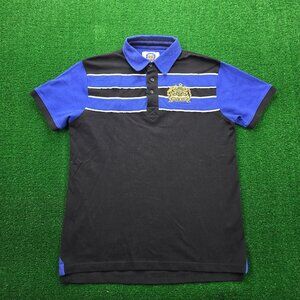 Bath Rugby Polo Shirt Mens Medium Black Blue‎ Short Sleeve Striped 1865 Crest